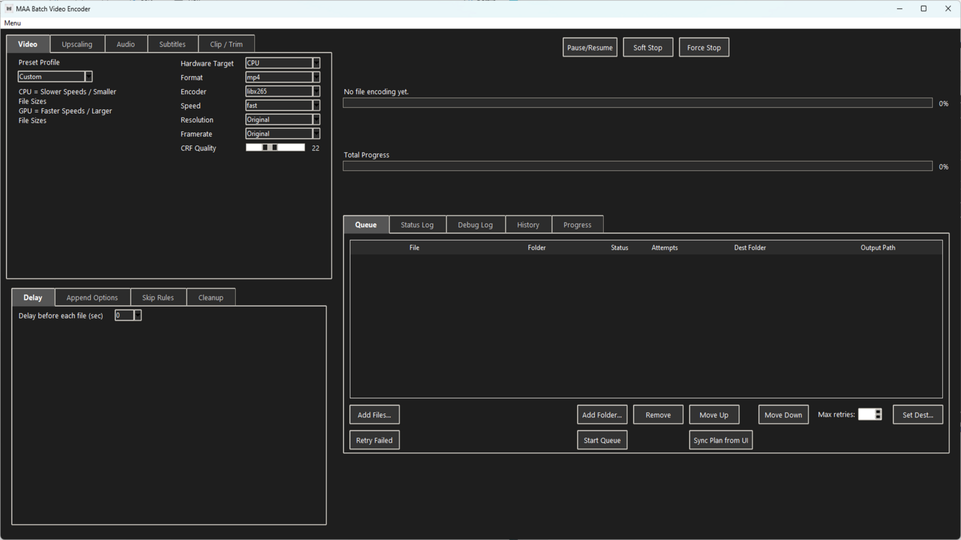 MAA Video Encoder – Video tab with preset profile, encoder, resolution, and queue