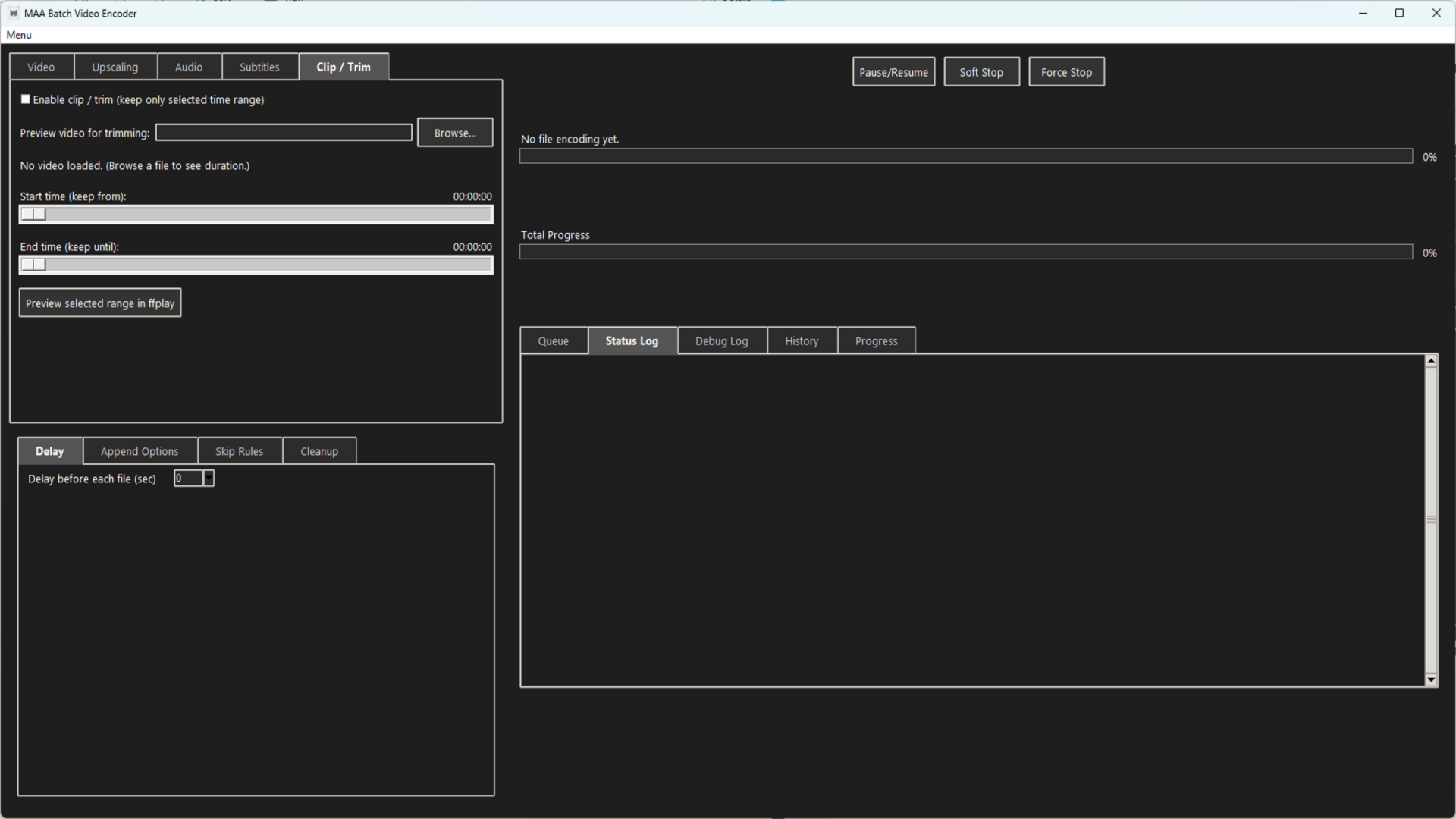 MAA Video Encoder – Status Log tab showing high-level job updates