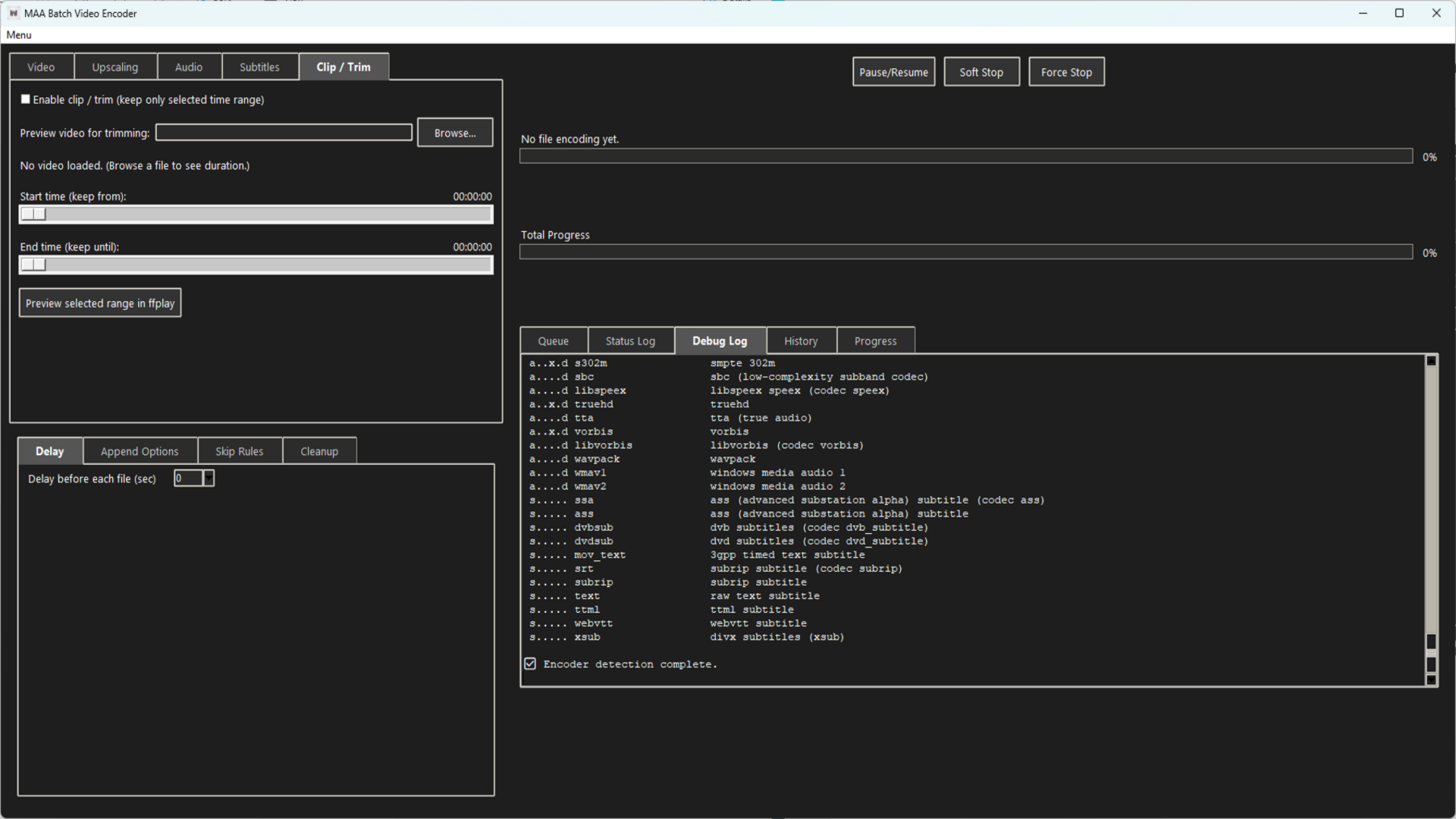 MAA Video Encoder – Debug Log tab with raw FFmpeg output