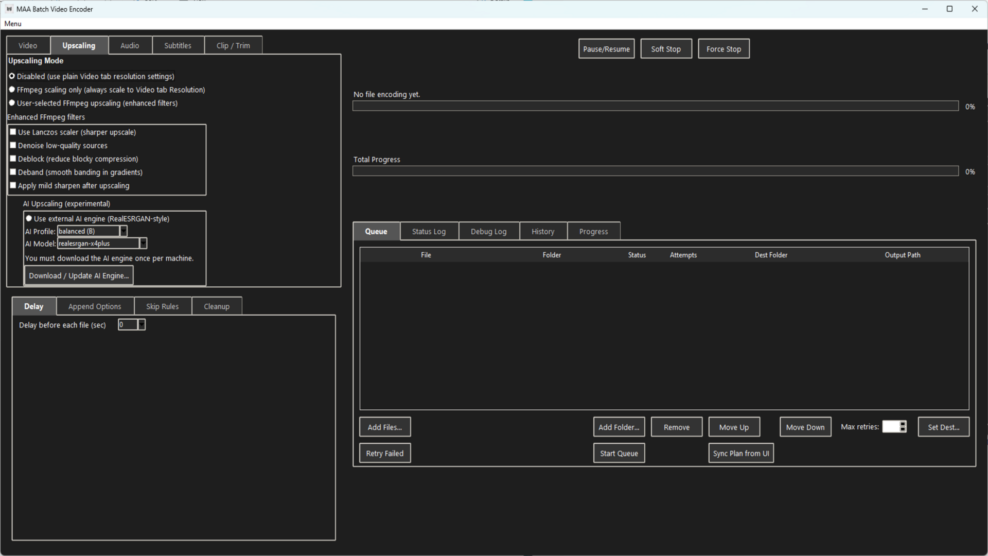 MAA Video Encoder – Upscaling tab with FFmpeg filters and AI upscaling