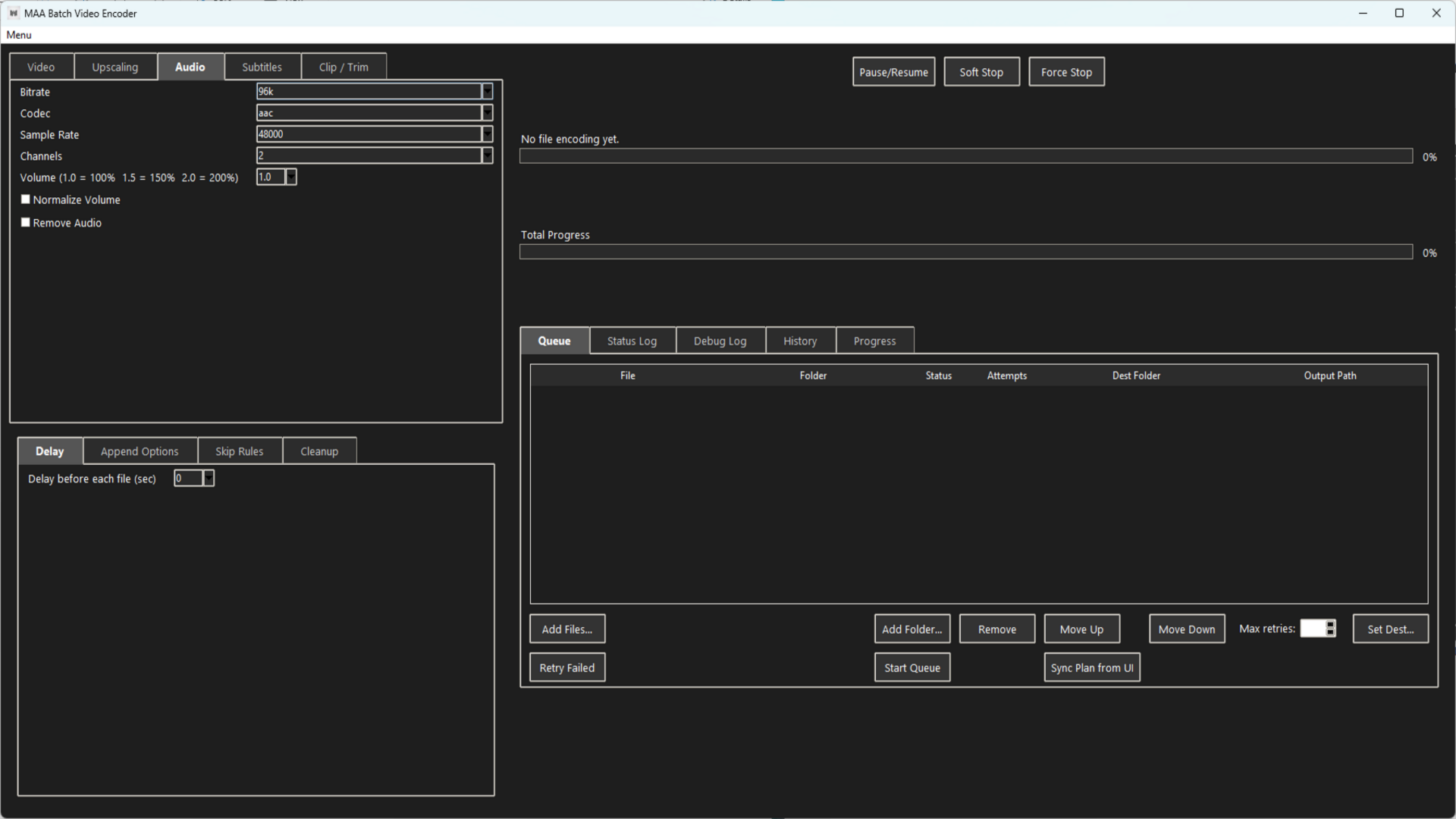 MAA Video Encoder – Audio tab with bitrate, codec, and volume controls