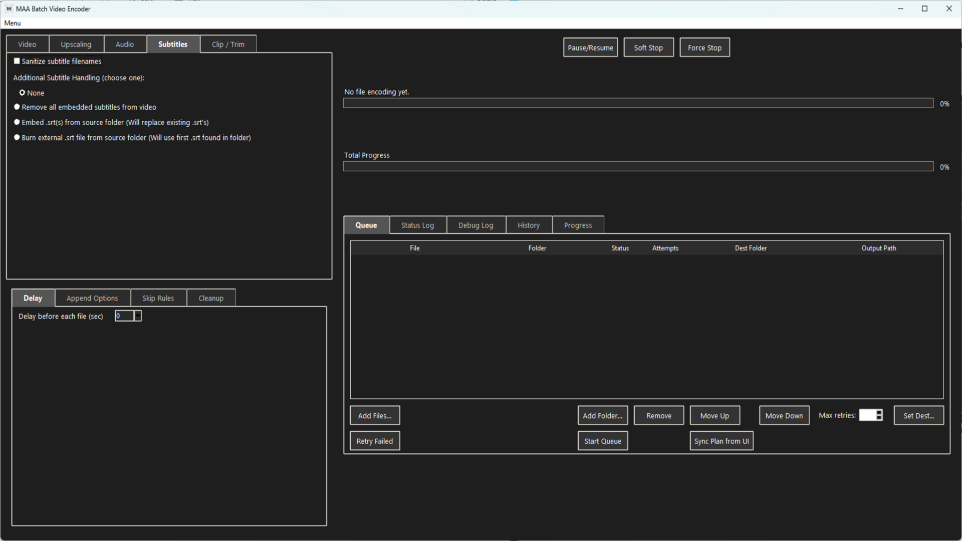 MAA Video Encoder – Subtitles tab with embed, burn, and removal options