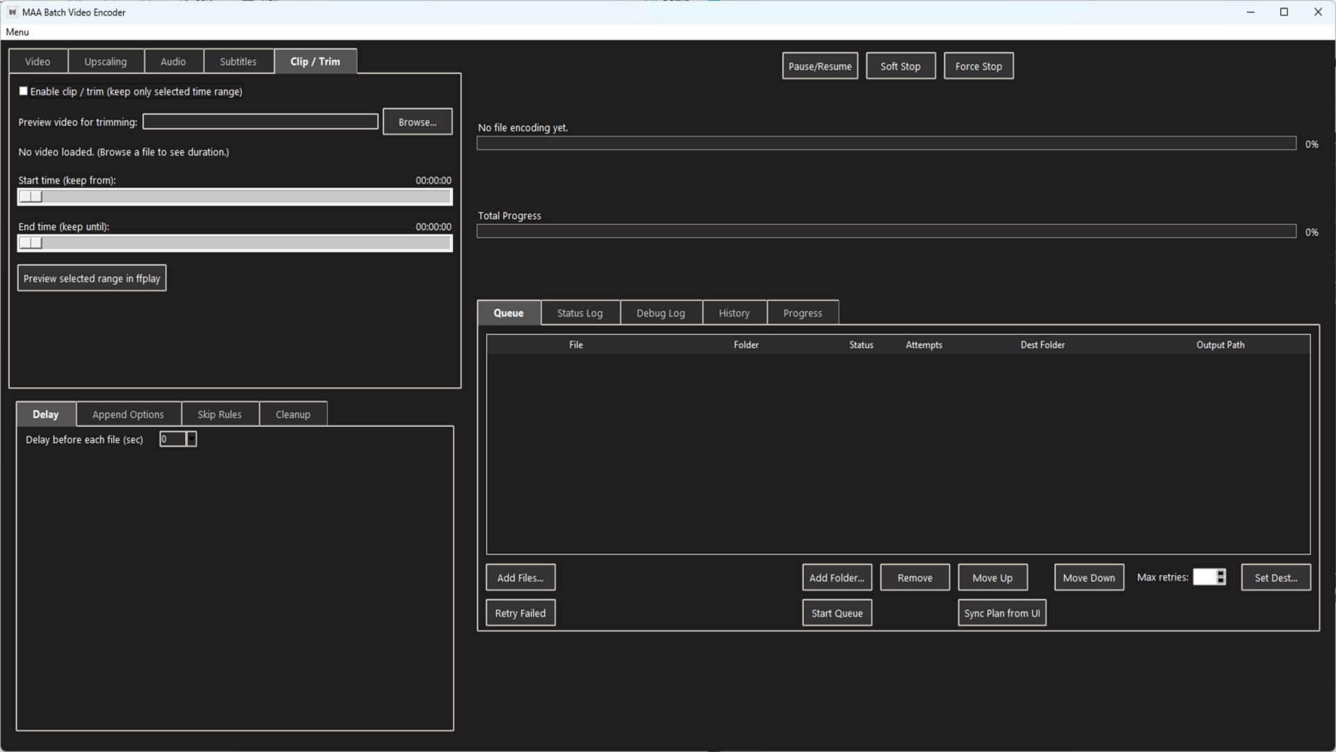 MAA Video Encoder – Clip and Trim tab with start and end time selection
