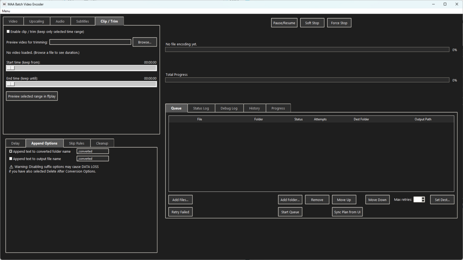 MAA Video Encoder – Append Options tab with folder and filename suffix configuration