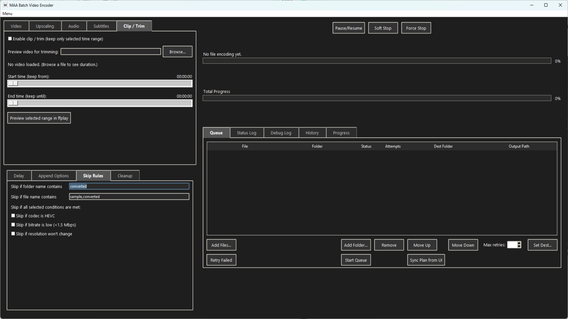 MAA Video Encoder – Skip Rules tab with codec and bitrate conditions