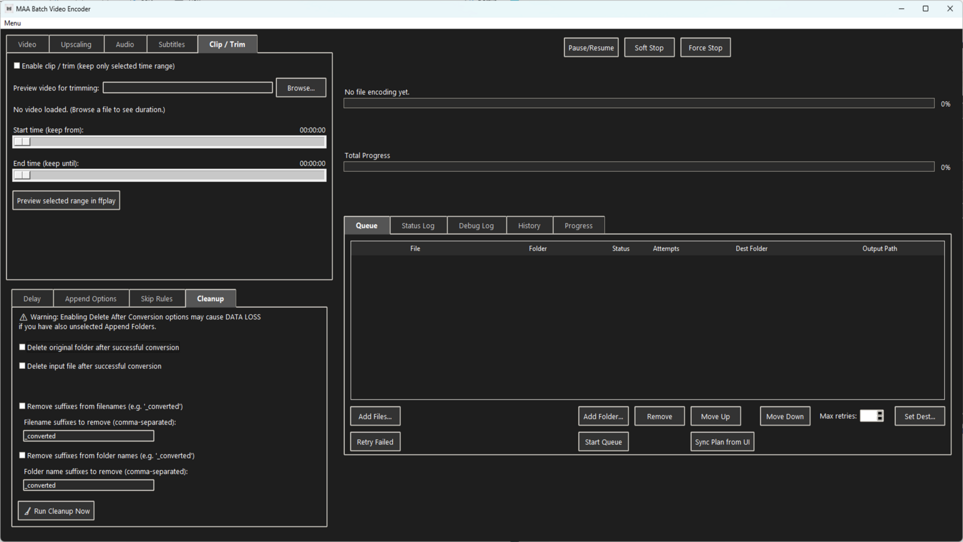 MAA Video Encoder – Cleanup tab with delete and suffix removal options