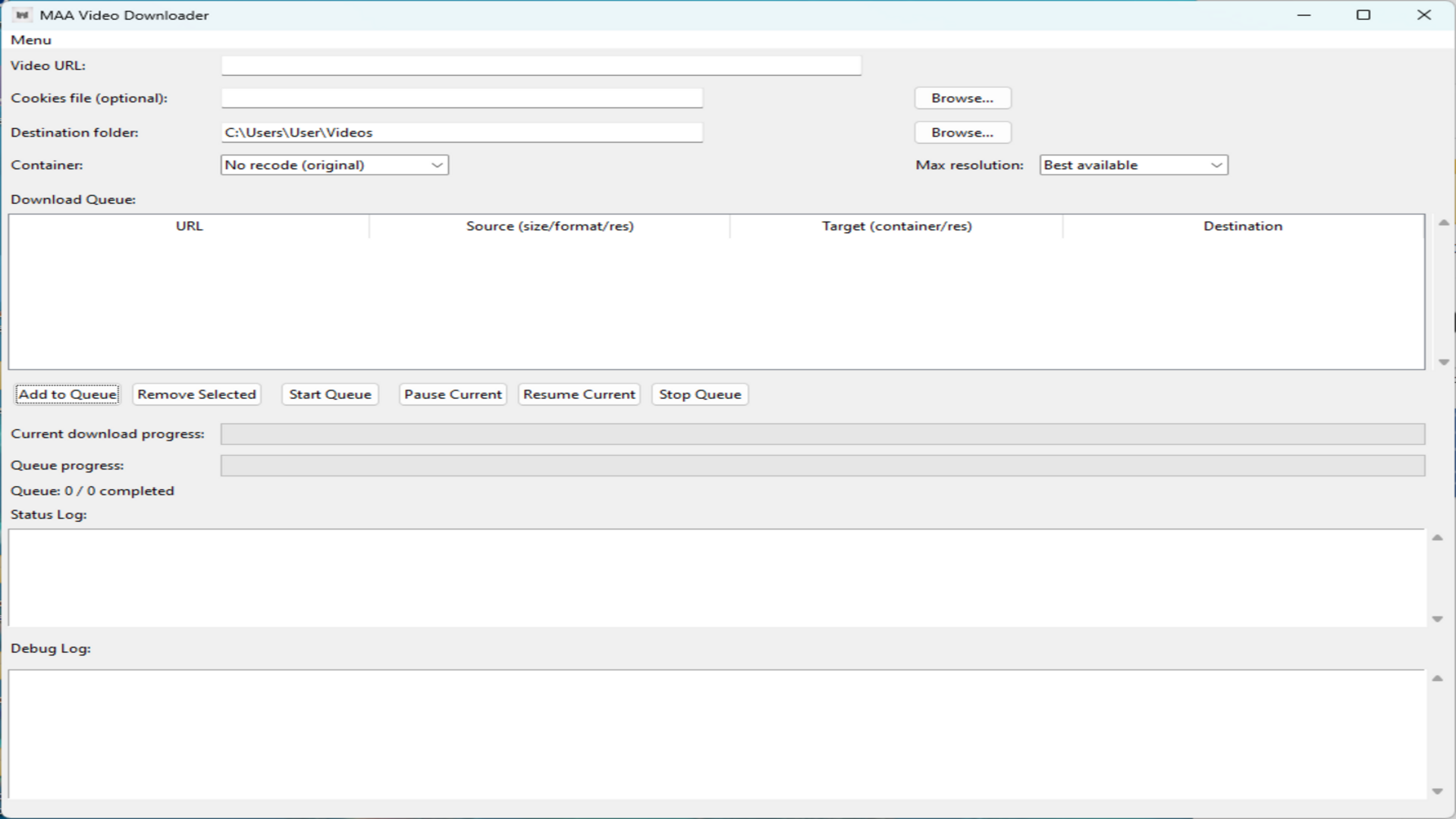 MAA Video Downloader – Main window with URL, cookies, destination, and options