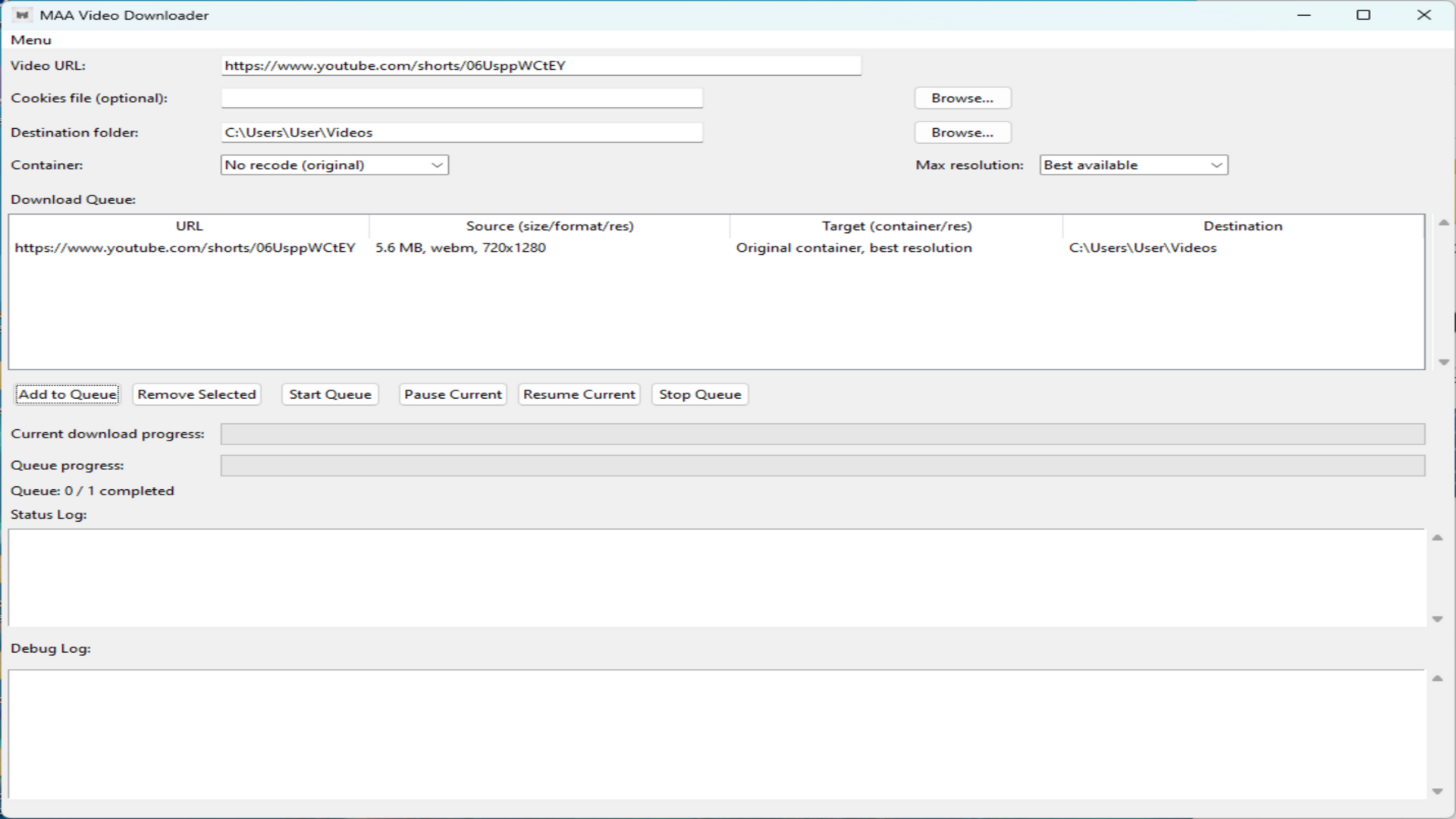 MAA Video Downloader – Download queue showing URL, source info, target, and destination