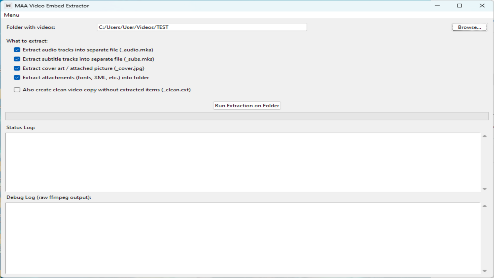 MAA Video Embed Extractor – Main window with folder selection and extraction options