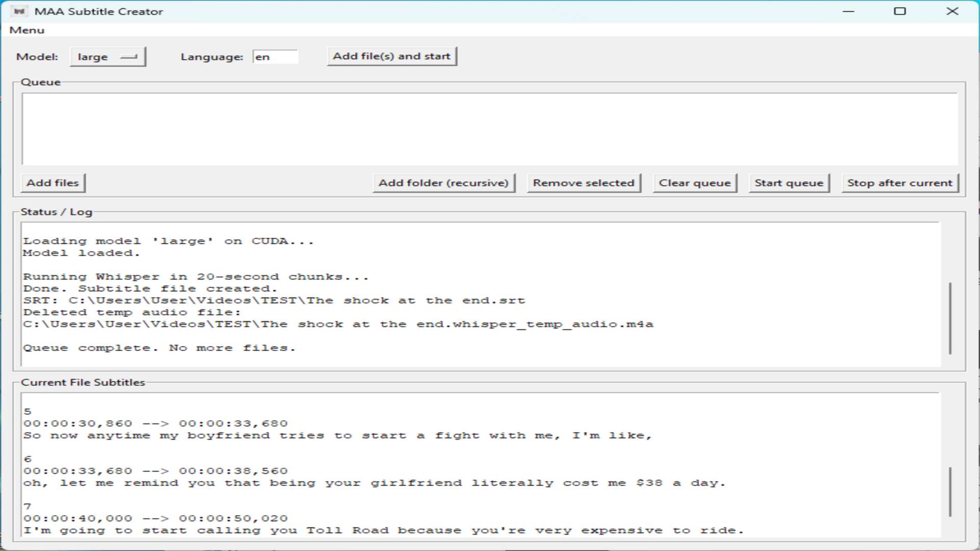 Completed transcription and subtitle output